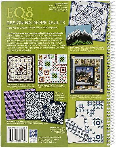 Spiral-bound quilt pattern book page with quilt block diagrams and small project photos