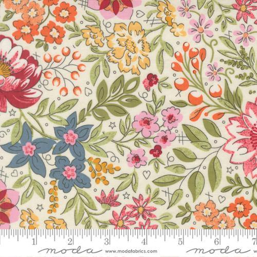 Multicolor floral botanical fabric with leaves and flowers