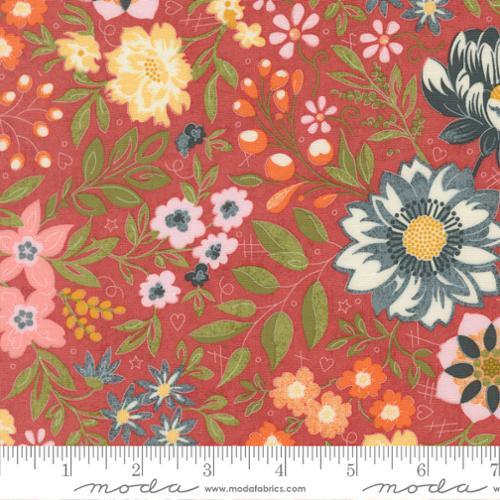Floral quilting fabric with rosy red background, orange and pink flowers, green leaves