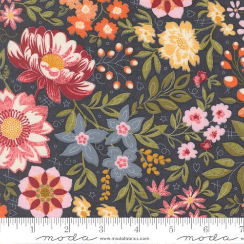 Floral cotton fabric with dark background, multicolor blossoms and vines, repeating pattern
