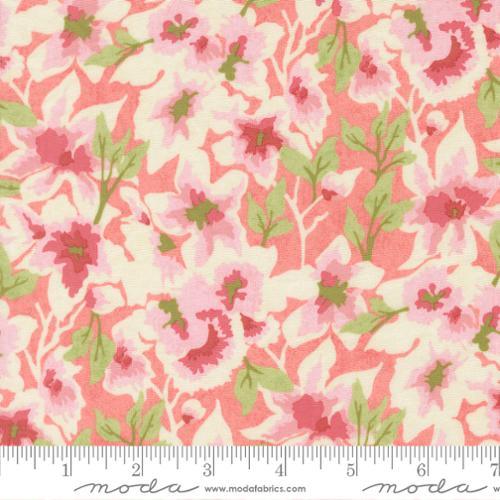 Floral cotton fabric with pink peony blossoms and green stems on light background