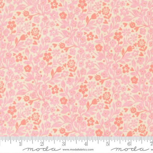 Pink floral cotton fabric with small orange and purple flower sprigs