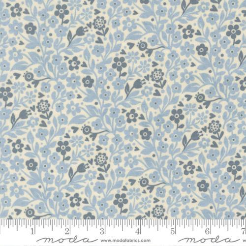 Light blue floral cotton fabric with small vine and flower sprig pattern