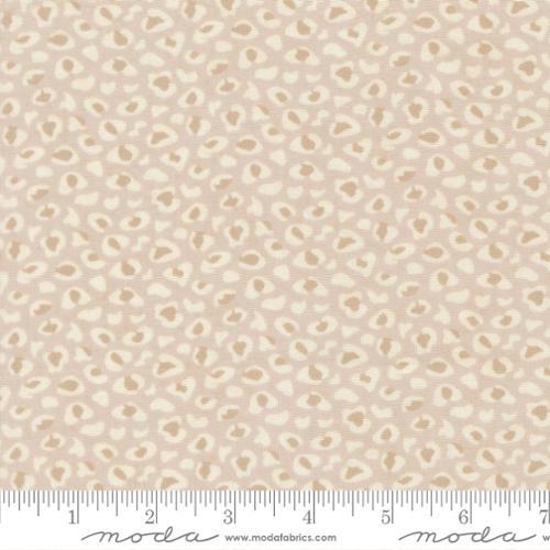 Beige cotton fabric with small white wildflower and leaf pattern, all-over print