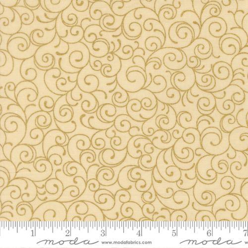 Cream fabric swatch with ornate swirling scroll pattern in light gold tones