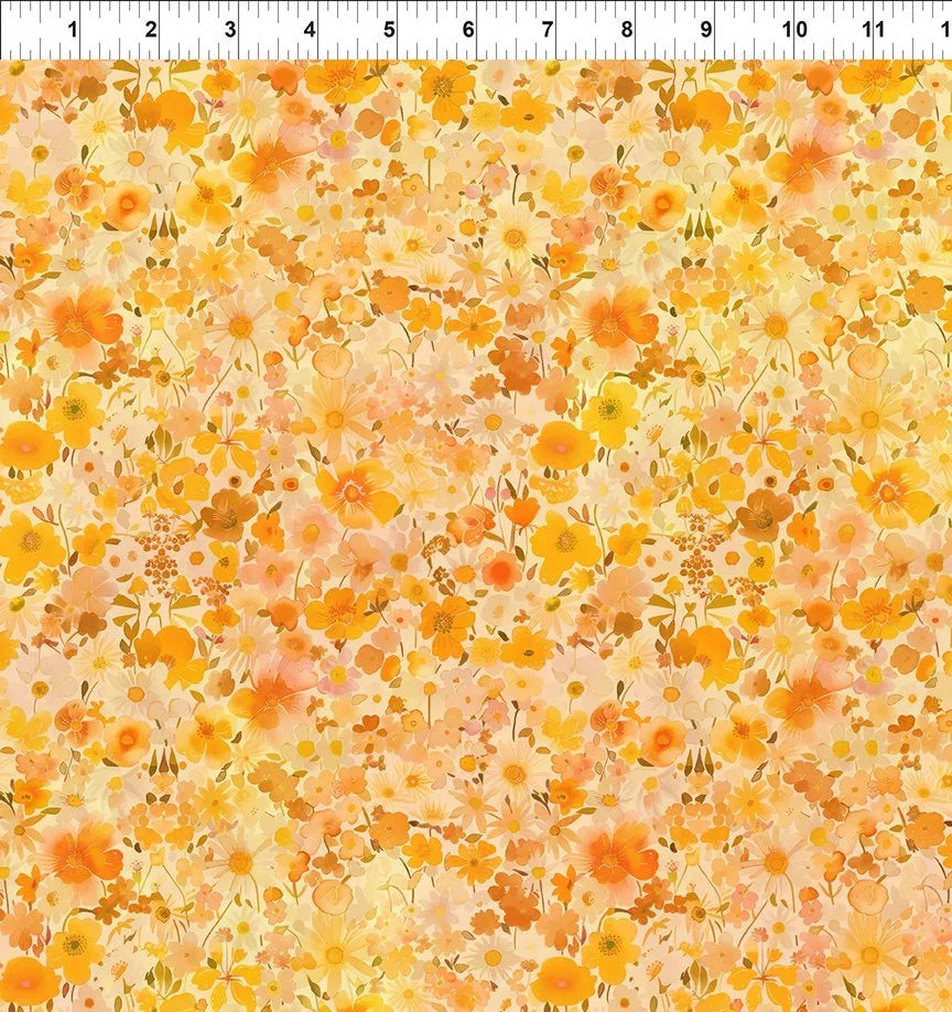 Gold floral fabric with orange and white flowers and small leaves, all-over print