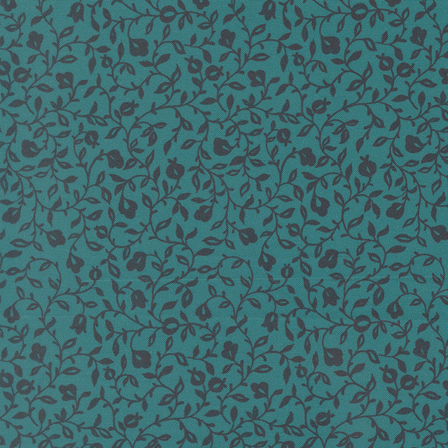 Floral vine patterned fabric in lagoon blue, repeating small leaves and blossoms
