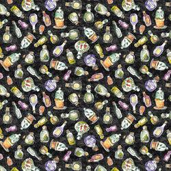 Black fabric with repeating potion bottle and label print