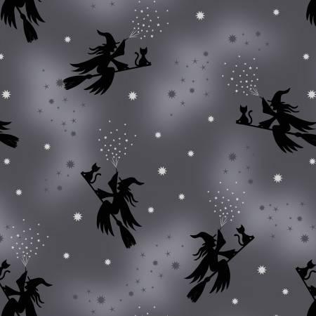 Grey fabric with black flying witch silhouettes and star sparkle pattern