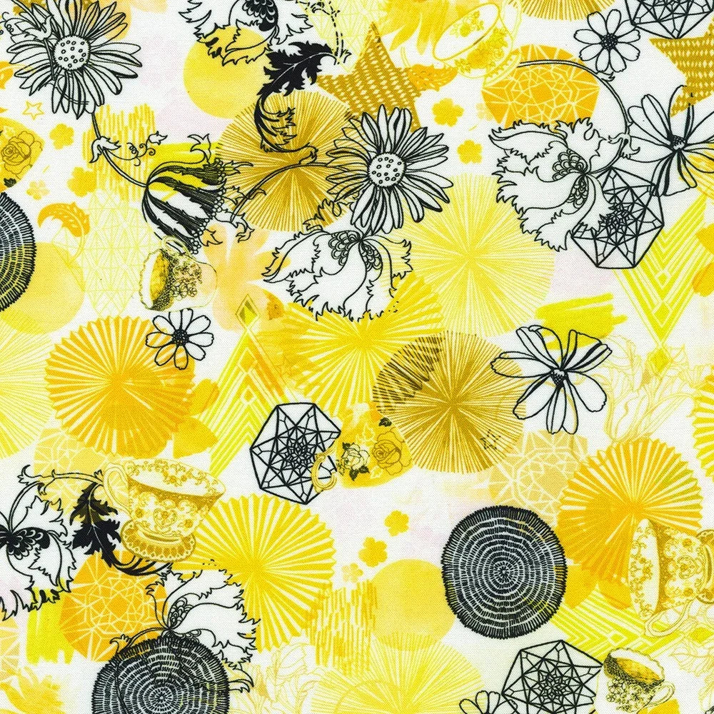 Yellow patterned fabric with lemons, flowers, and geometric line accents