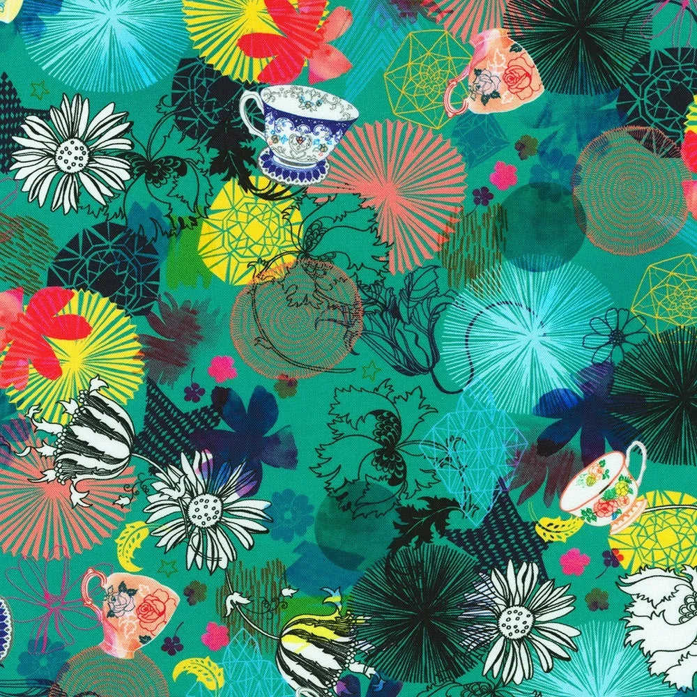 Teahouse Fresh Sage quilting fabric with colorful floral and leaf motifs