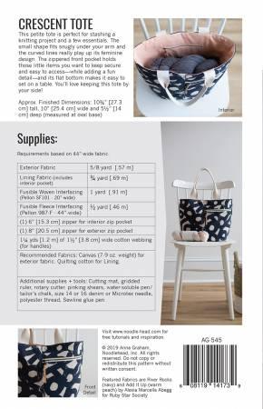 Crescent tote sewing pattern booklet with instruction pages and fabric supply list