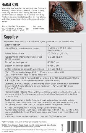 Haralson belt bag pattern instruction booklet with supplies and sizing details