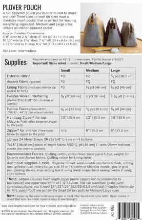 Plover pouch sewing pattern instruction sheet with size and supply details