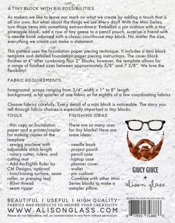 Quilt block pattern instruction cover page with text blocks and tool icons