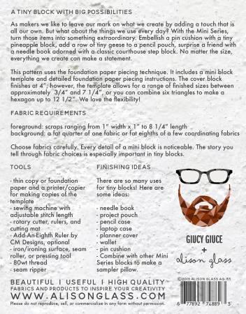 Quilt pattern booklet back with text, diagrams, barcode, and label details