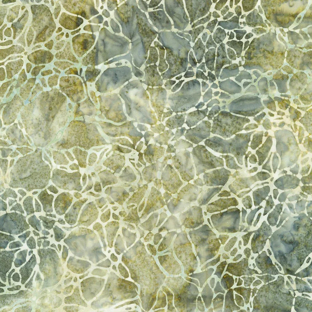 Batik fabric in khaki and teal with organic leaf-like pattern