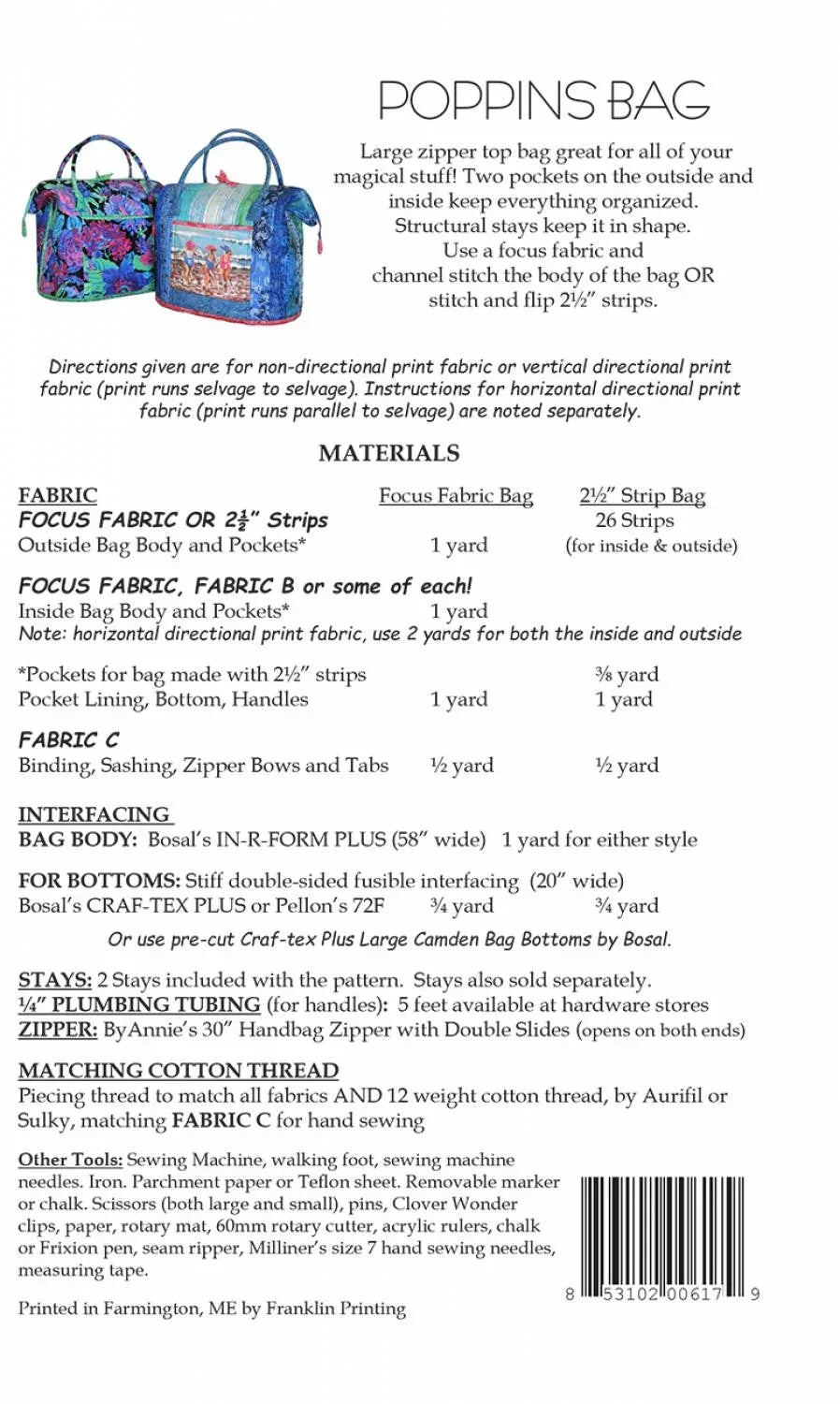 Poppins bag pattern instruction card with fabric, sizes, and seam details