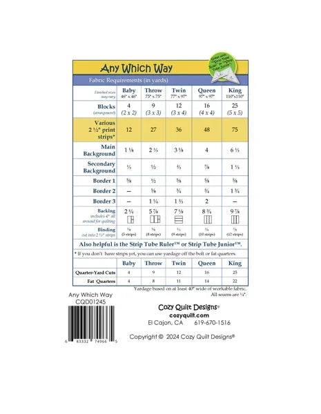 Quilt pattern instruction sheet with fabric yardage and size chart for multiple bed sizes