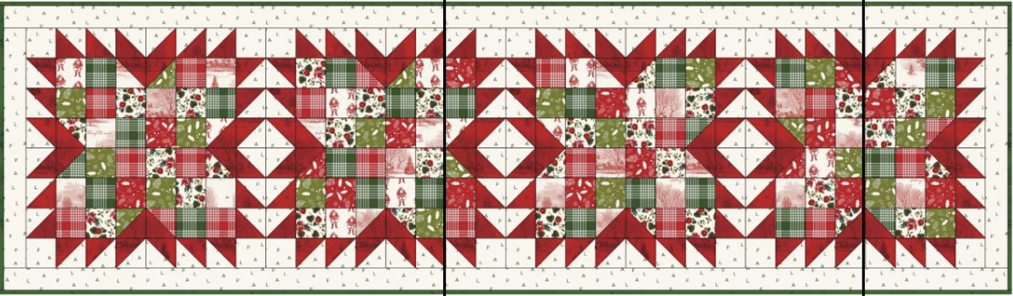Holiday table runner with red, green, and cream patchwork grid and quilt blocks