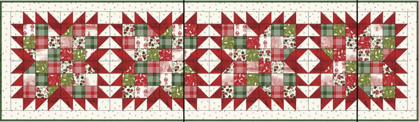 Holiday table runner with red, green, and cream patchwork grid and quilt blocks