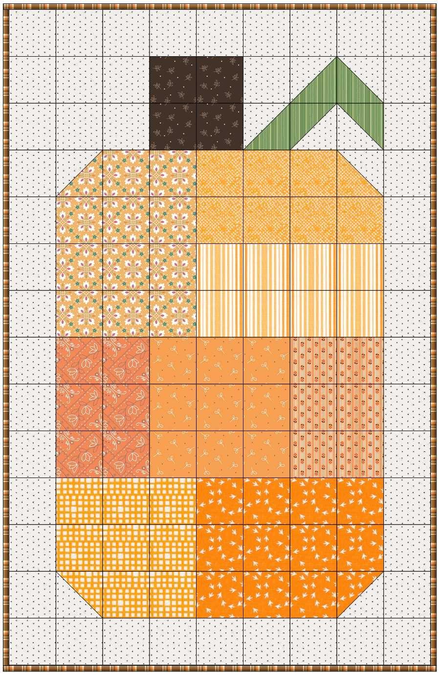Autumn patchwork quilt block layout with multicolor fabric squares in grid