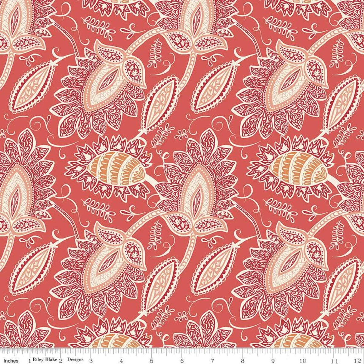 Cotton quilting fabric, red paisley-damask pattern on cayenne red; 1-yard cut