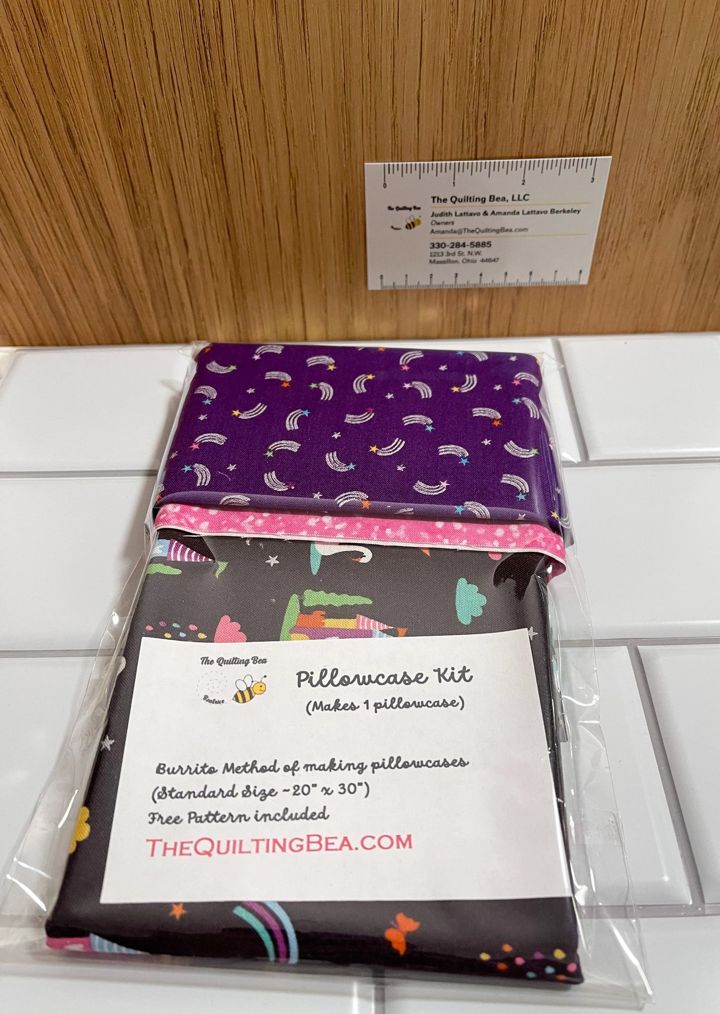 Purple pillowcase kit with unicorns and shooting stars, cuff detail