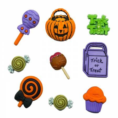 Assorted Halloween buttons: pumpkin bucket, purple treat bag, lollipops, spiral candies, cupcake