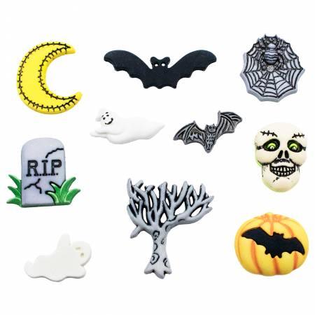 Assorted Halloween buttons: crescent moon, bats, spider web, ghost, RIP grave, skull and pumpkin