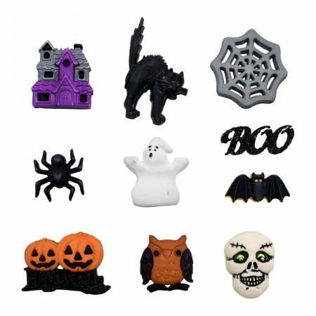 Set of Halloween novelty buttons: purple houses, black bat, web, spider, ghost, owl, skull