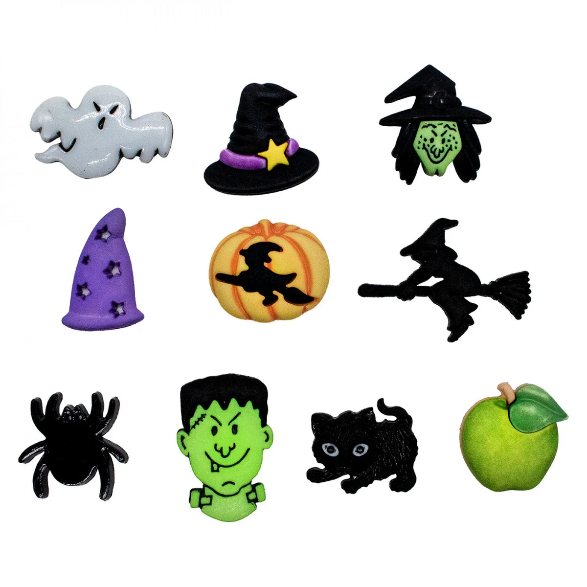 Set of Halloween themed buttons: ghost, witch hats, pumpkin, broom, spider, zombie, bat, apple