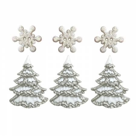 Christmas button set with white snowflake and tree designs, three of each