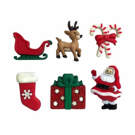 Christmas Eve button set with sleigh, reindeer, candy cane, stocking, gift, and Santa