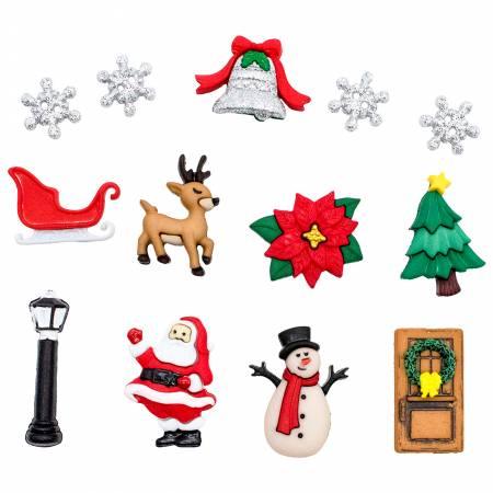 Christmas village accessory set with snowflakes, sleigh, reindeer, wreath, snowman, trees, lantern