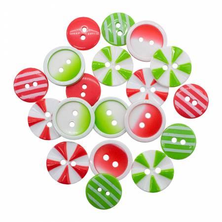 Assorted Christmas buttons with round holes and candy-cane, striped, and peppermint patterns