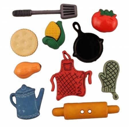 Kitchen-themed button set with cookware and food shapes: pan, tomato, corn, carrot