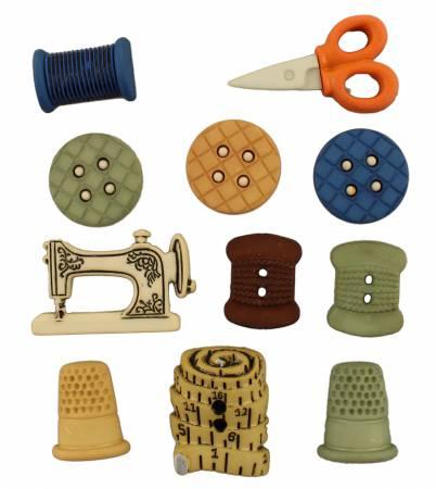 Sewing button bag with assorted buttons, spools, and small sewing tools