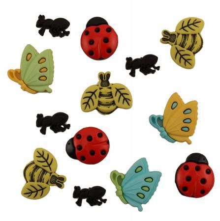 Assorted garden bug shaped buttons: ladybugs, bees, beetles, butterflies, and more