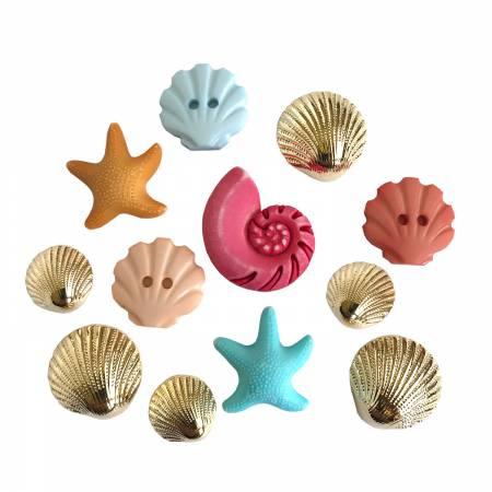 Shell-shaped buttons set with starfish and spiral shell designs