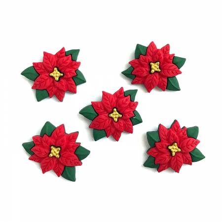 Set of five poinsettia buttons with red petals, green leaves, and gold flower centers