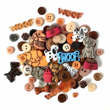 Dog-themed button value pack with assorted printed and solid buttons, various sizes