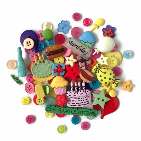 Assorted colorful celebration buttons with birthday and congratulations designs