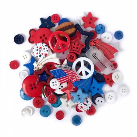 Patriotic assorted buttons with peace signs, stars, and striped red-white-blue designs