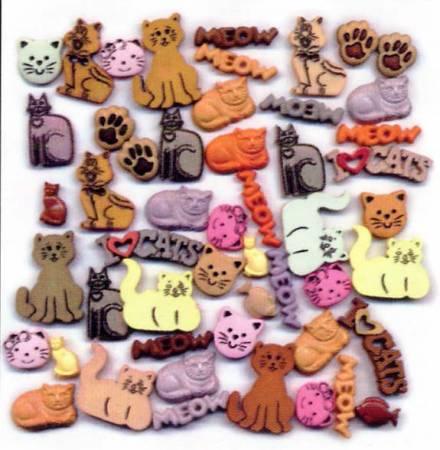 Cat-shaped novelty buttons assortment, multicolor with paw prints and cat faces