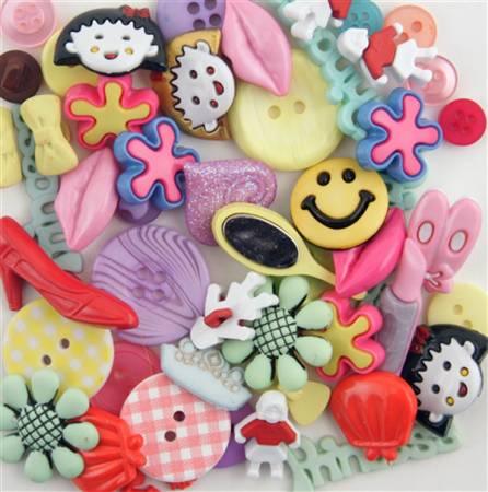 Girls novelty button pack with colorful animal and smiley shapes, assorted sizes