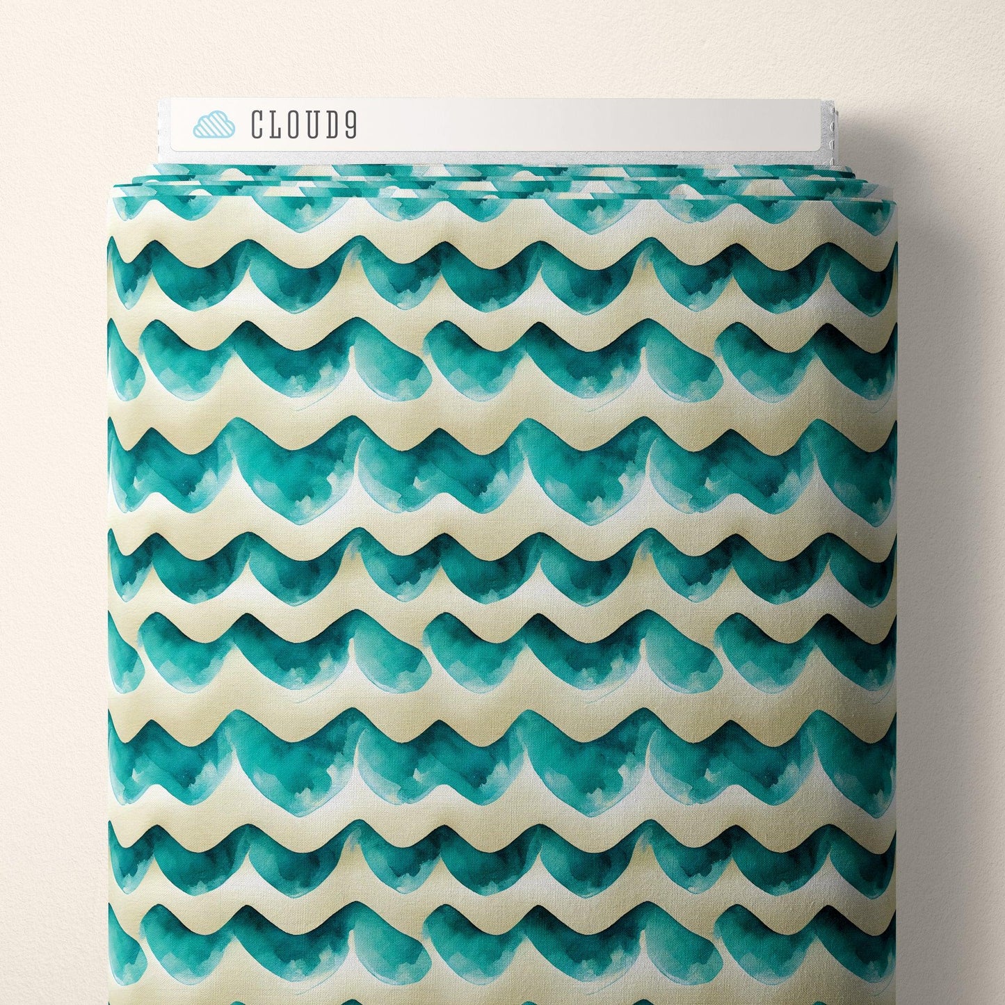 Wave-pattern organic cotton fabric in teal and dark teal on off-white