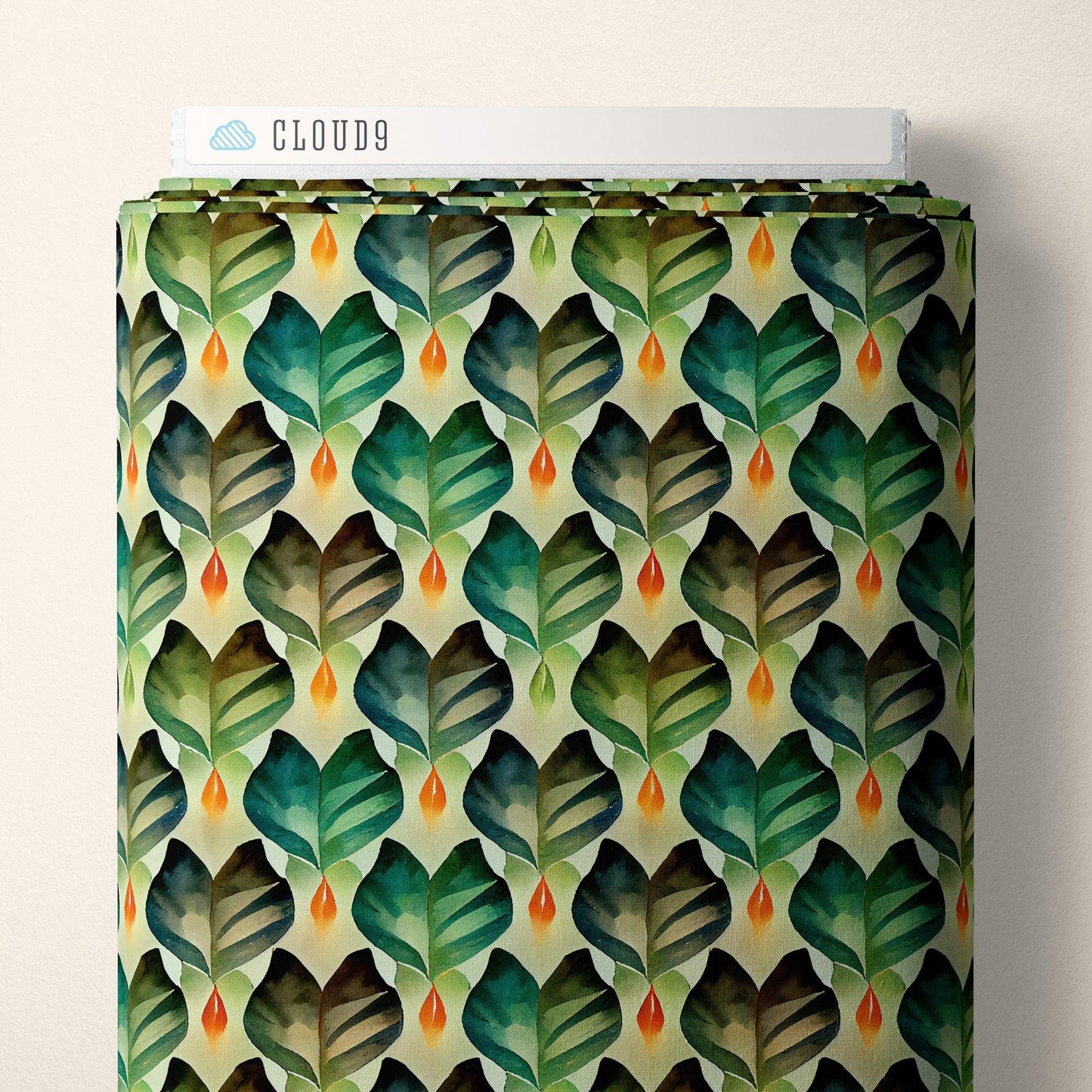 Organic cotton fabric with tropical leaf pattern and lantern flame motifs