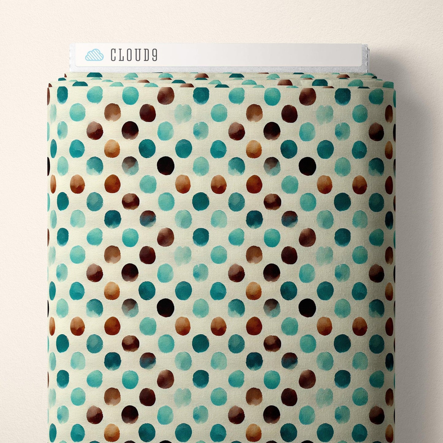 Organic cotton fabric with teal and brown dot pattern, beach-style