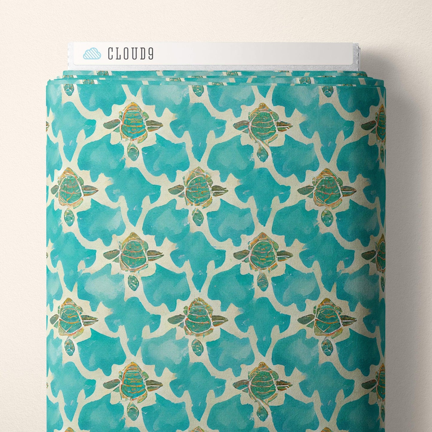 Organic cotton fabric, teal with repeating sea turtle and coral motifs
